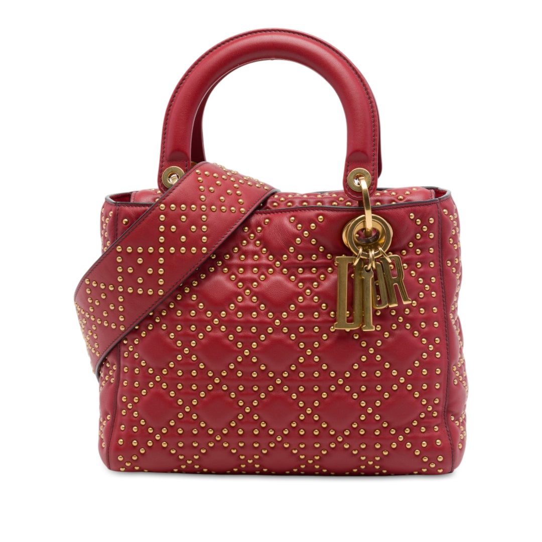 Dior Lady Dior Cannage clouté Souple Moyen Cuir d'agneau Rouge – vue principale – GABY PARIS