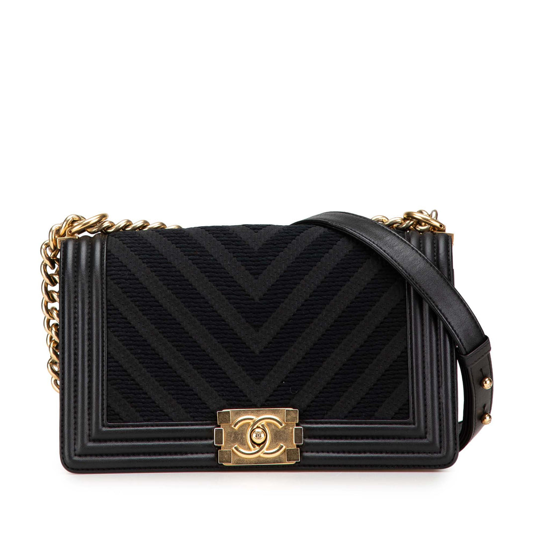Old Medium Braided Chevron Cotton and Lambskin Boy Flap Black - Gaby Paris