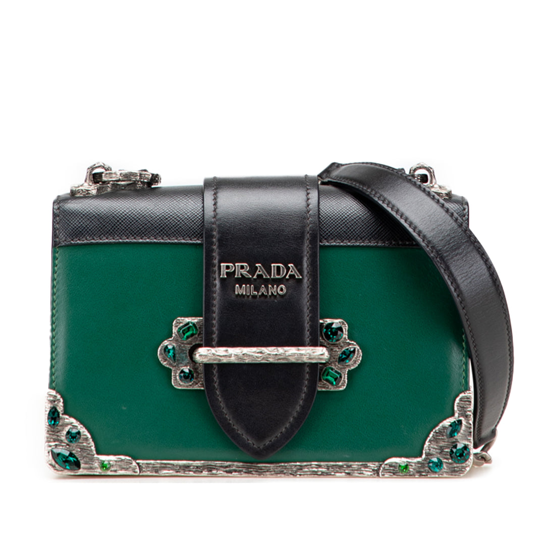Saffiano Trimmed City Calf Crystal Cahier Crossbody Green - Gaby Paris