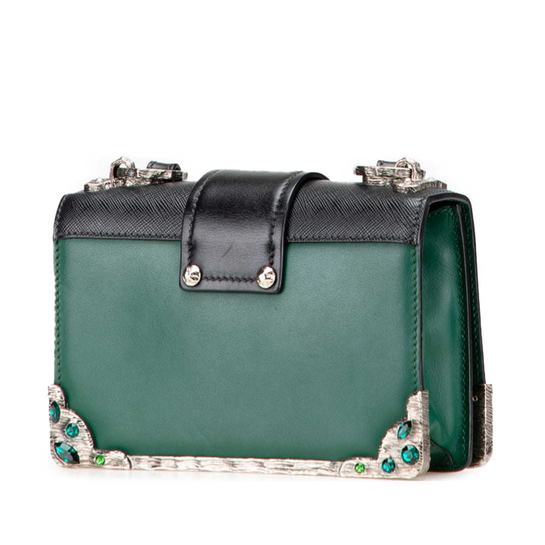 Saffiano Trimmed City Calf Crystal Cahier Crossbody Green - Gaby Paris