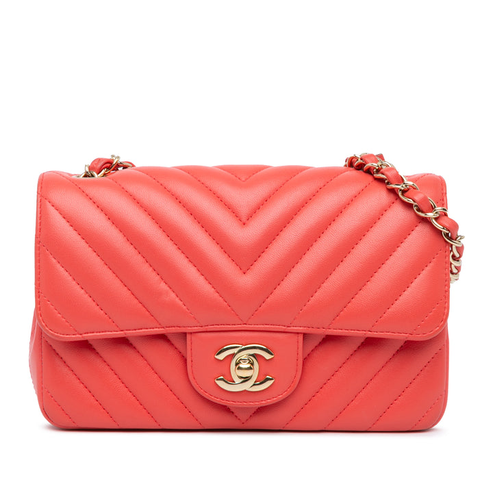 Mini Rectangular Classic Chevron Lambskin Single Flap Red - Gaby Paris