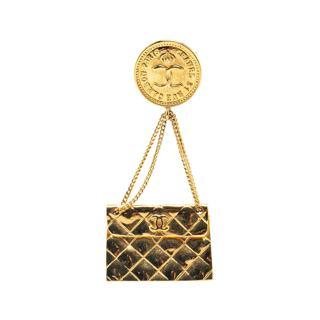 Gold Plated CC Quilted Flap Bag Brooch Gold - Gaby Paris