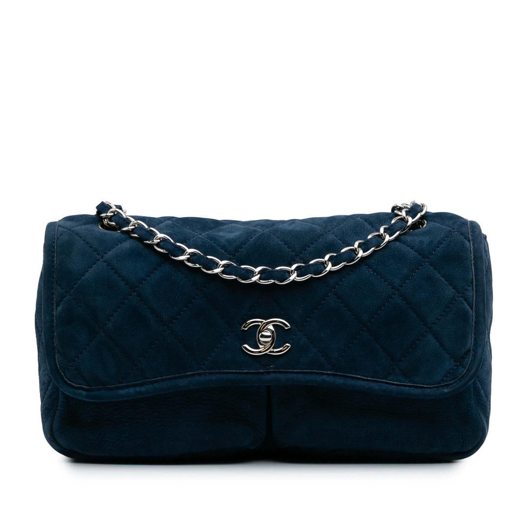 Medium Quilted Nubuck Natural Beauty Split Pocket Flap Blue - Gaby Paris
