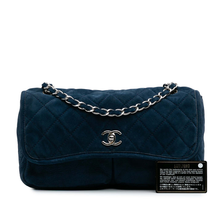 Medium Quilted Nubuck Natural Beauty Split Pocket Flap Blue - Gaby Paris