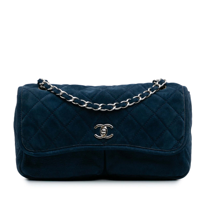 Medium Quilted Nubuck Natural Beauty Split Pocket Flap Blue - Gaby Paris