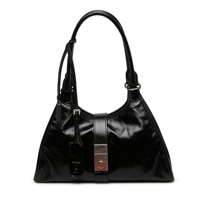 Prada Glossy Sac Moyen Cuir de veau Noir – vue principale – GABY PARIS