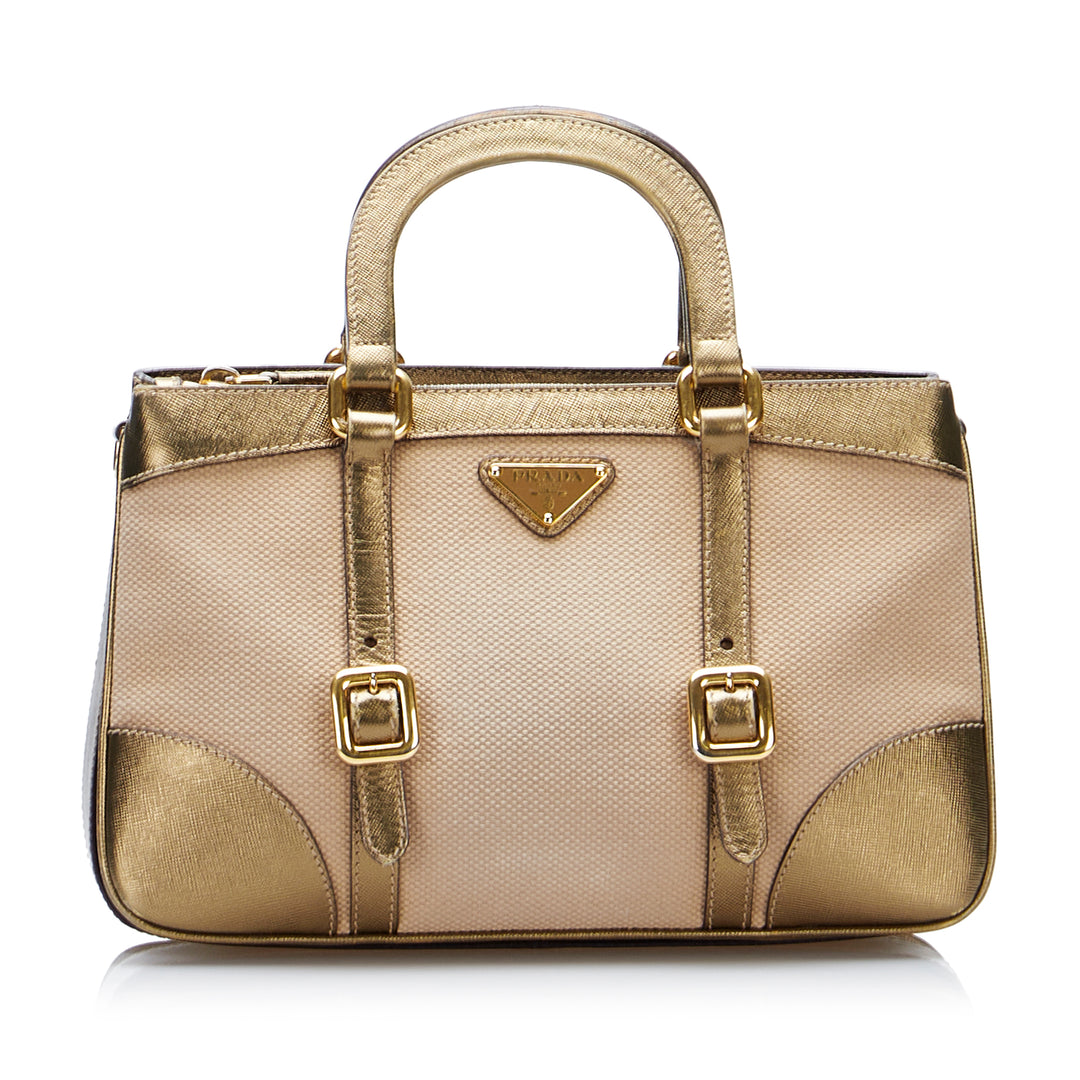 Saffiano-Trimmed Tessuto Satchel Brown - Gaby Paris