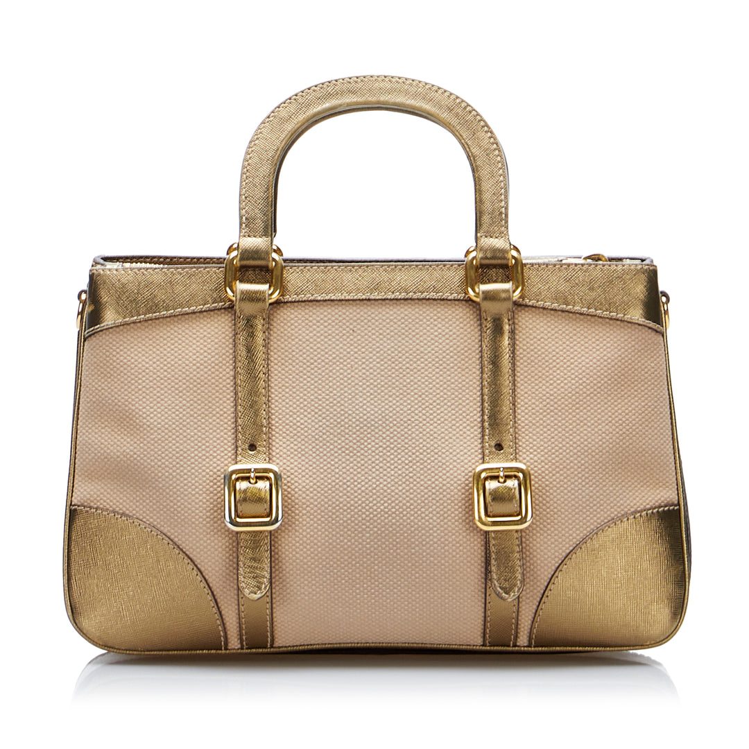 Saffiano-Trimmed Tessuto Satchel Brown - Gaby Paris