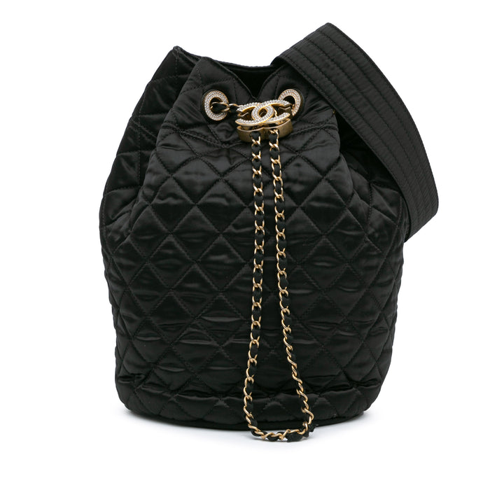 Quilted Nylon Crystal CC Drawstring Sling Bag Black - Gaby Paris
