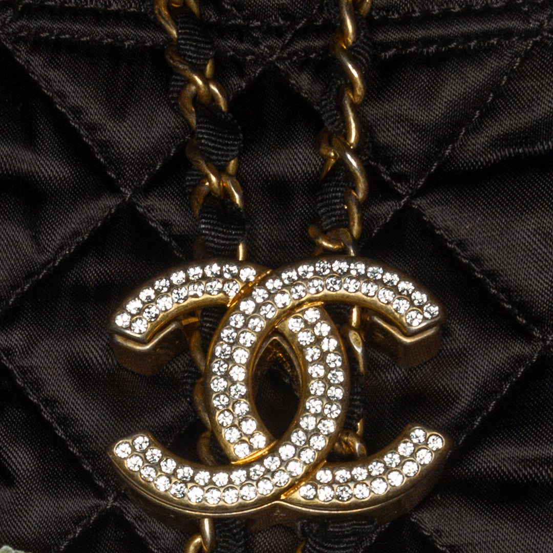 Quilted Nylon Crystal CC Drawstring Sling Bag Black - Gaby Paris