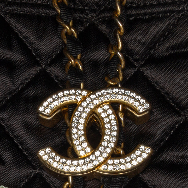Quilted Nylon Crystal CC Drawstring Sling Bag Black - Gaby Paris