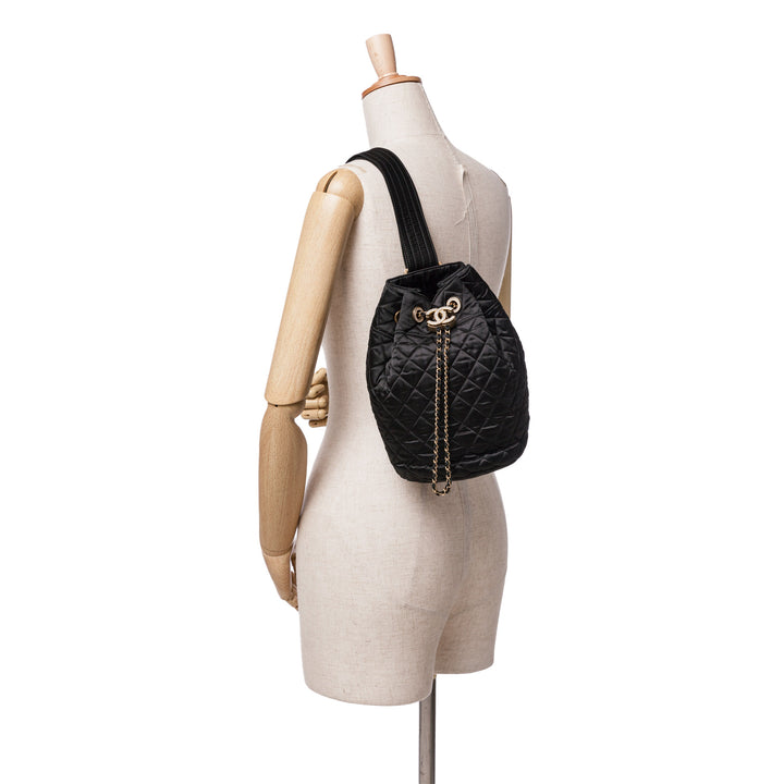 Quilted Nylon Crystal CC Drawstring Sling Bag Black - Gaby Paris