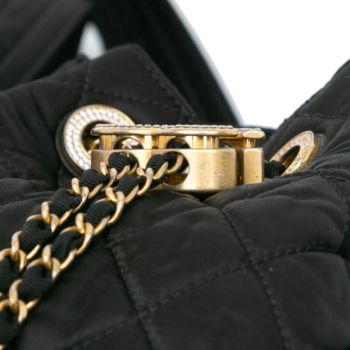Quilted Nylon Crystal CC Drawstring Sling Bag Black - Gaby Paris