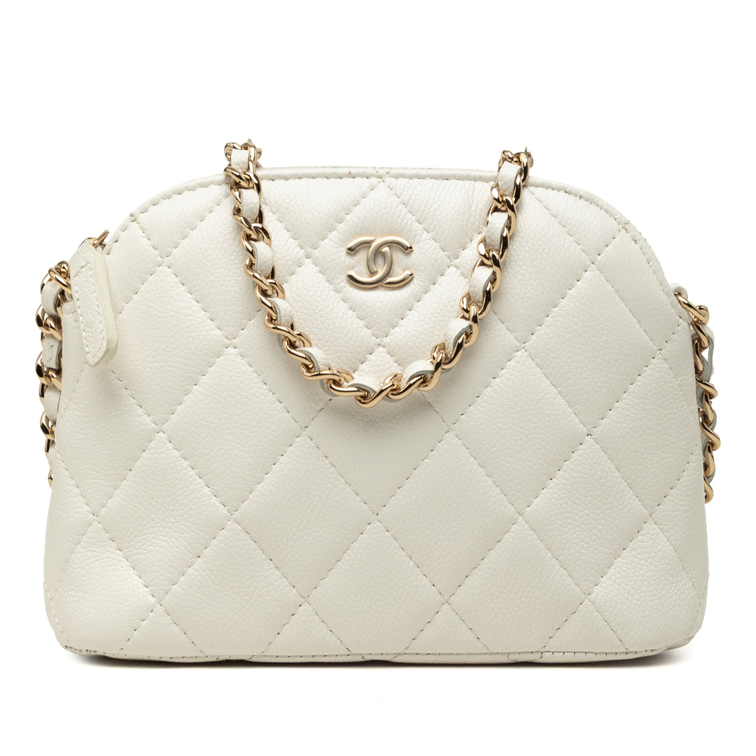 CC Matelassé Dôme Pochette avec chaîne Mini Cuir caviar Blanc