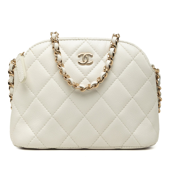 CC Matelassé Dôme Pochette avec chaîne Mini Cuir caviar Blanc