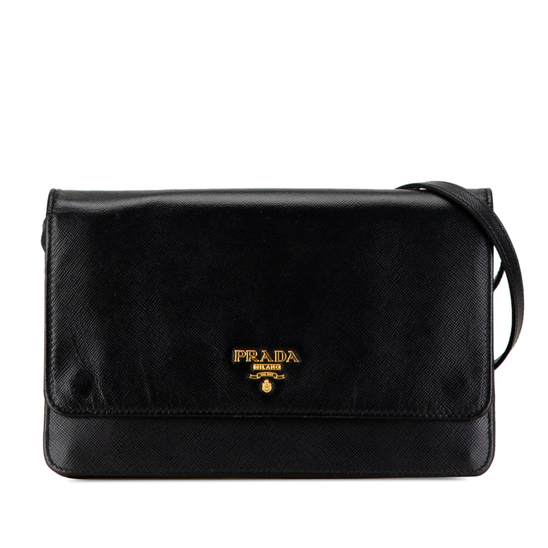 Prada Saffiano Metal Flap Wallet With Strap Black - GABY PARIS