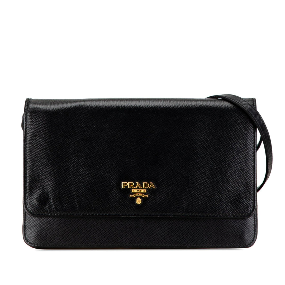 Saffiano Metal Flap Wallet With Strap Black - Gaby Paris