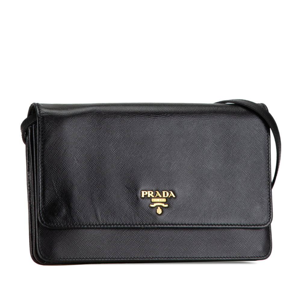 Prada Saffiano Metal Flap Wallet With Strap Black - GABY PARIS