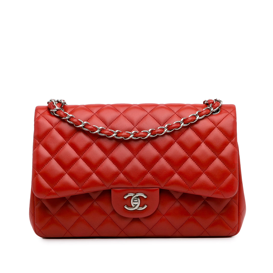 Jumbo Classic Lambskin Double Flap Red - Gaby Paris