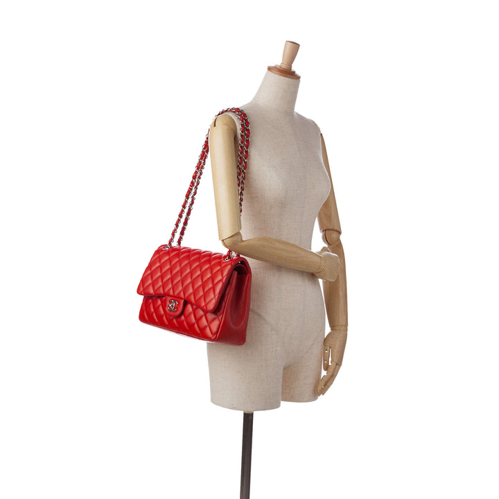 Jumbo Classic Lambskin Double Flap Red - Gaby Paris