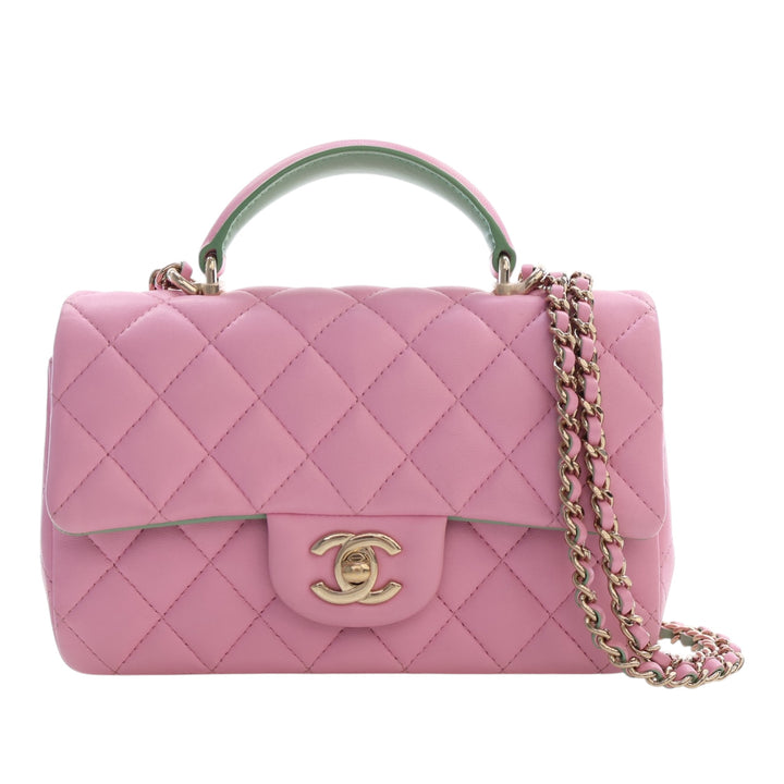 Chanel Mini Rectangular Bicolor Matelassé Cuir d'agneau anse supérieure à rabat