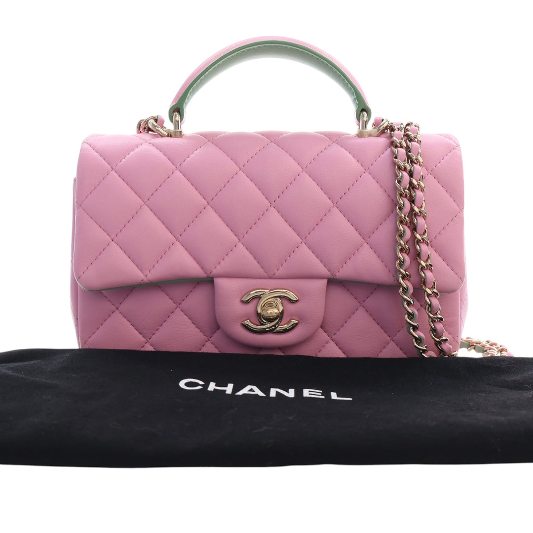 Chanel Mini Rectangular Bicolor Matelassé Cuir d'agneau anse supérieure à rabat