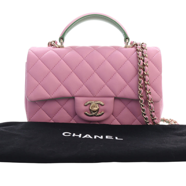 Chanel Mini Rectangular Bicolor Matelassé Cuir d'agneau anse supérieure à rabat