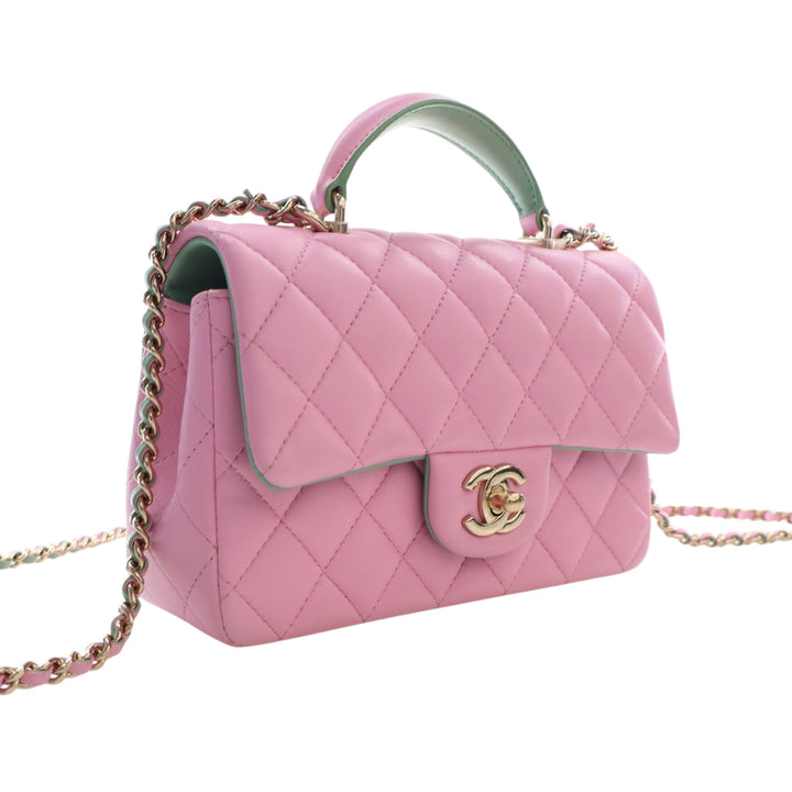 Chanel Mini Rectangular Bicolor Matelassé Cuir d'agneau anse supérieure à rabat