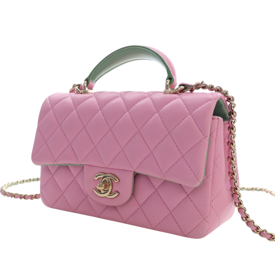 Chanel Mini Rectangular Bicolor Matelassé Cuir d'agneau anse supérieure à rabat