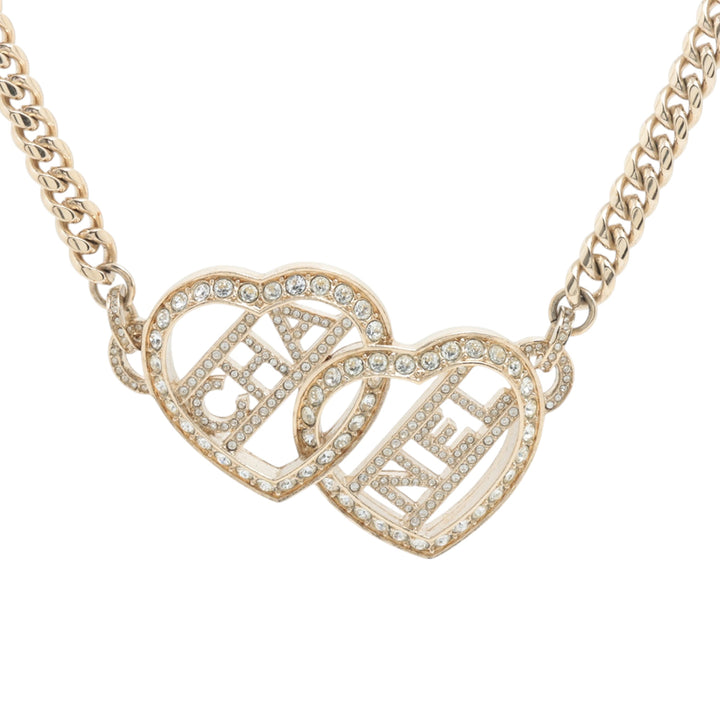 Chanel Doré Plated Heart Logo Rhinestone Collier Doré