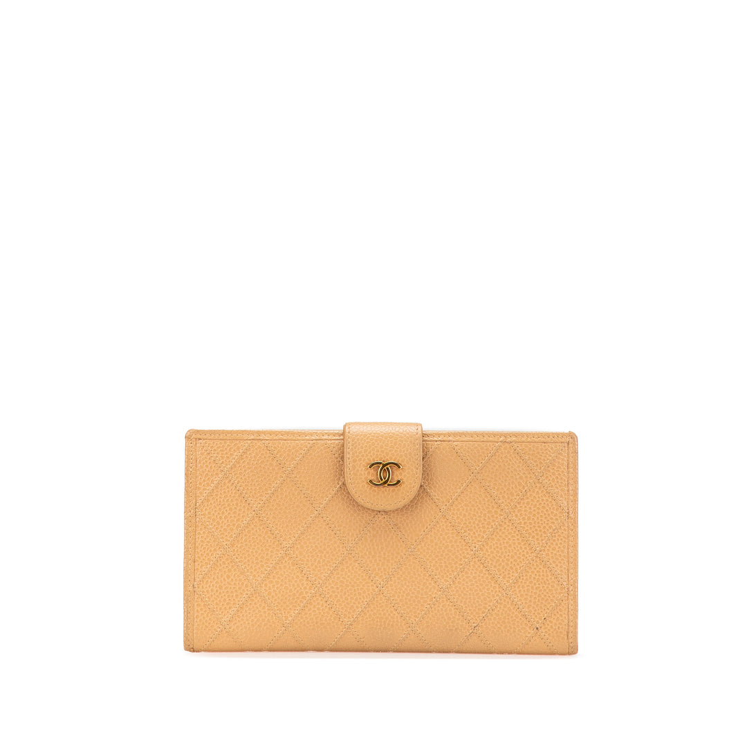 CC Quilted Caviar Stitched French Long Wallet Brown - Gaby Paris