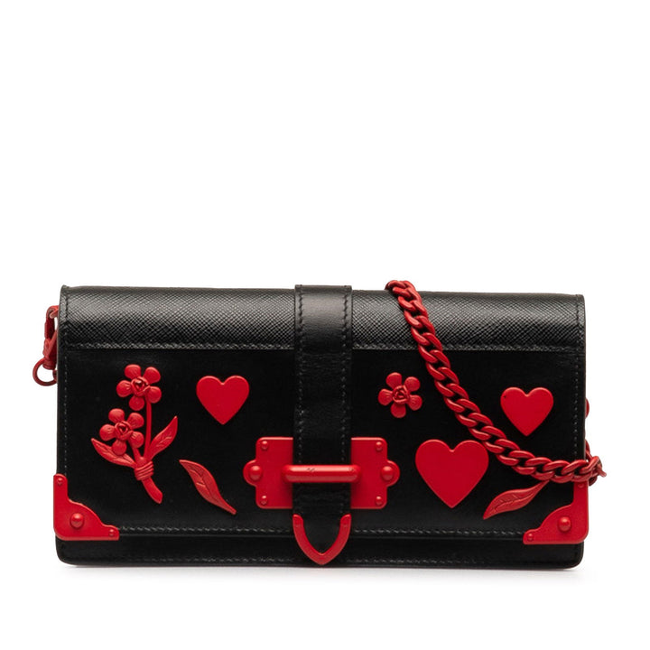 Prada Saffiano City Calf Cahier Heart and Flower Wallet on Chain Black - GABY PARIS