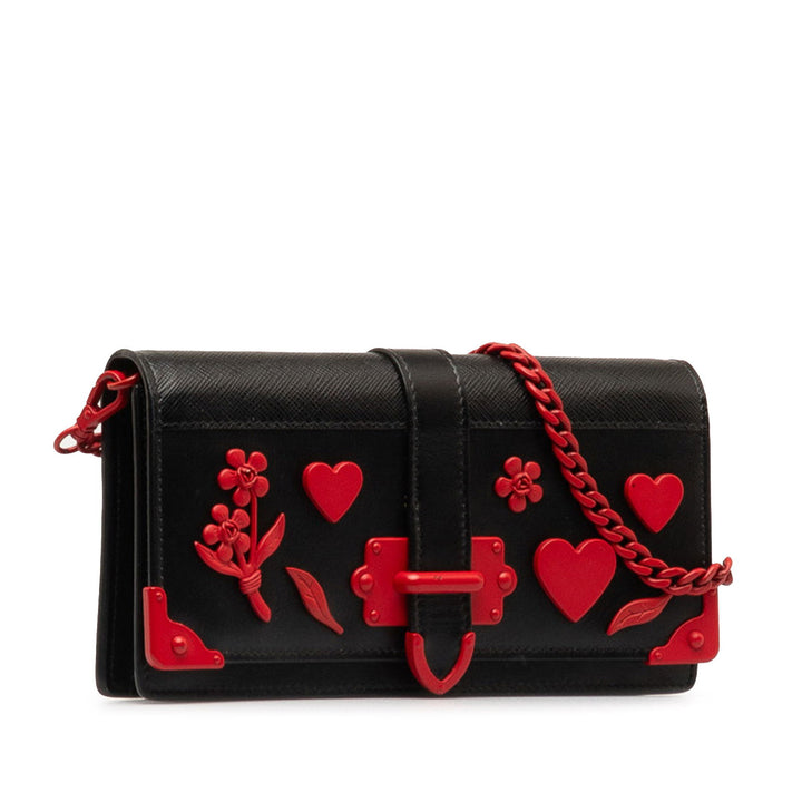 Prada Saffiano City Calf Cahier Heart and Flower Wallet on Chain Black - GABY PARIS