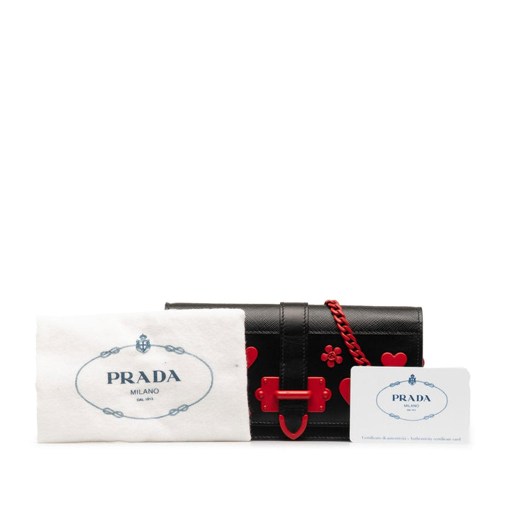 Prada Saffiano City Calf Cahier Heart and Flower Wallet on Chain Black - GABY PARIS
