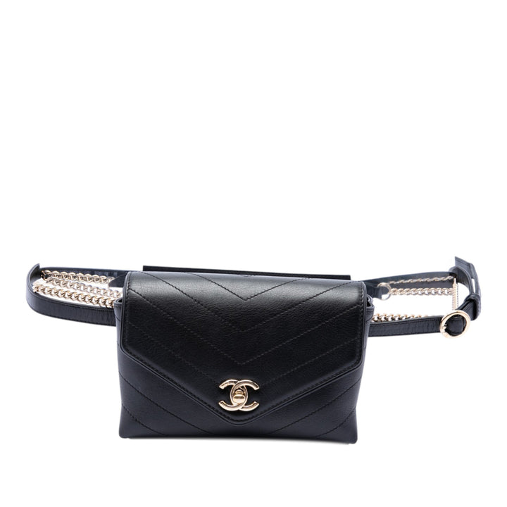 Chevron Surpiqué Coco Sac ceinture Cuir de veau Noir