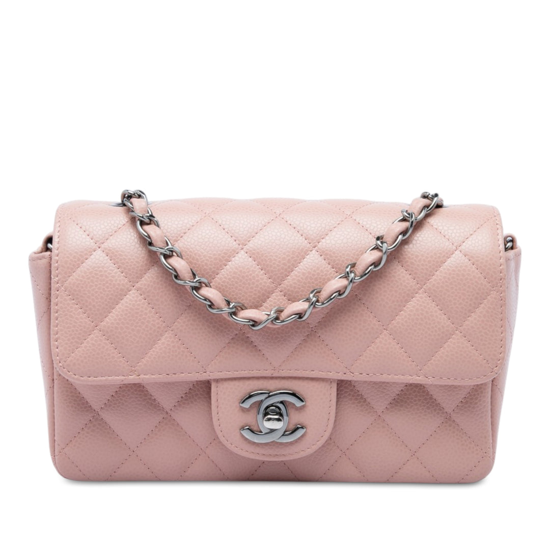 Chanel Classic Rectangulaire Rabat simple Mini Cuir caviar Rose – vue principale – GABY PARIS