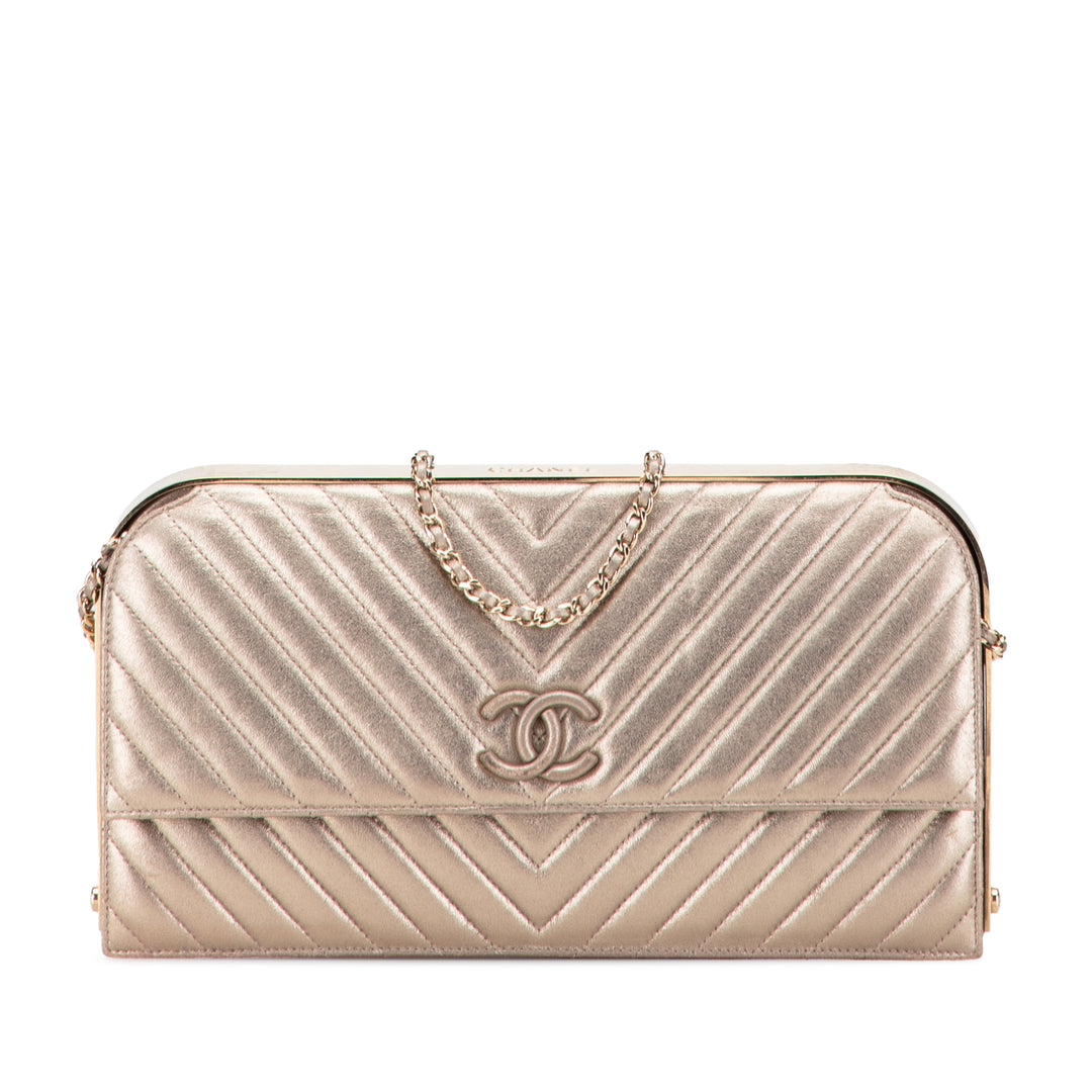 CC Chevron Quilted Lambskin Clutch on Chain Gold - Gaby Paris