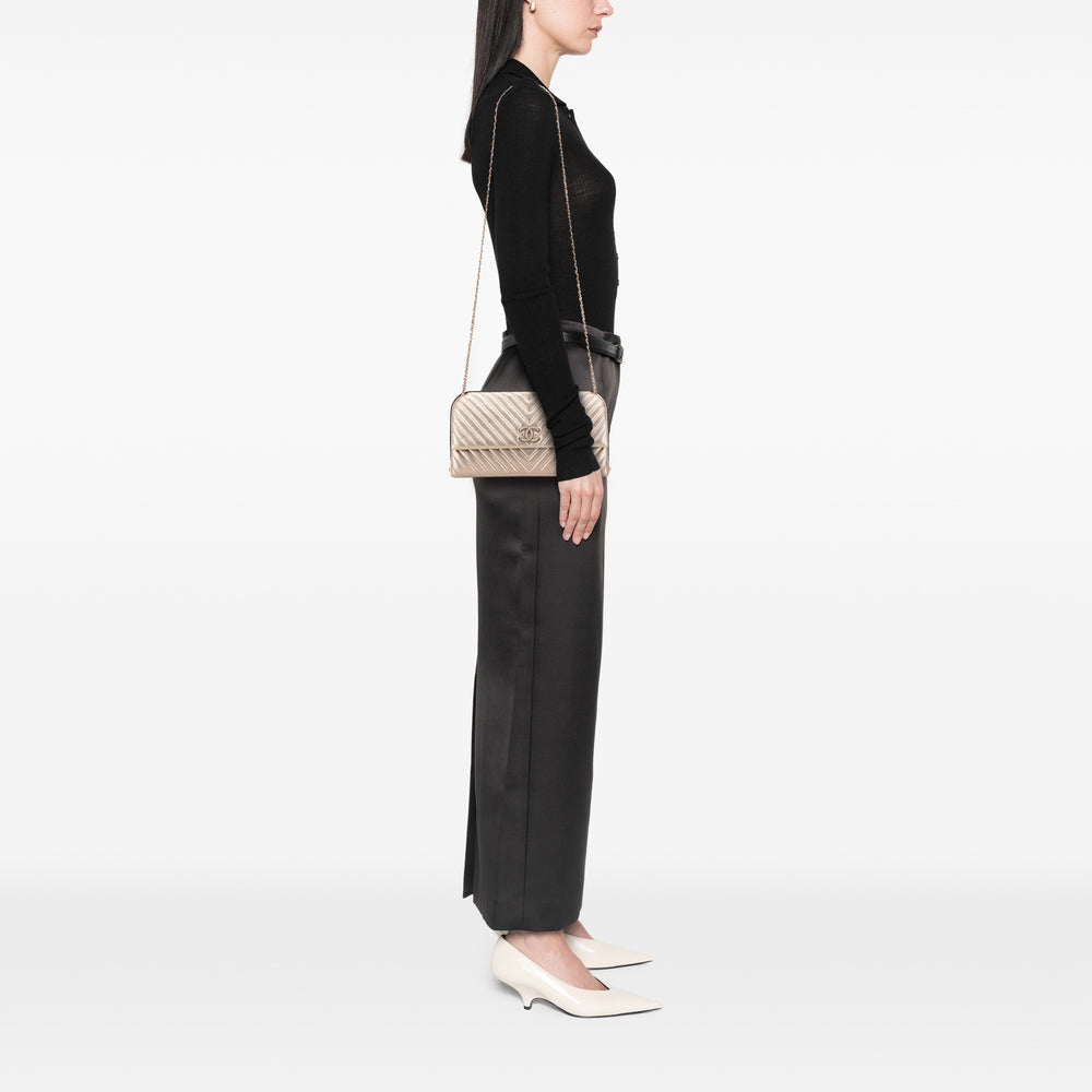CC Chevron Quilted Lambskin Clutch on Chain Gold - Gaby Paris