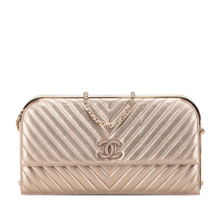 CC Chevron Quilted Lambskin Clutch on Chain Gold - Gaby Paris