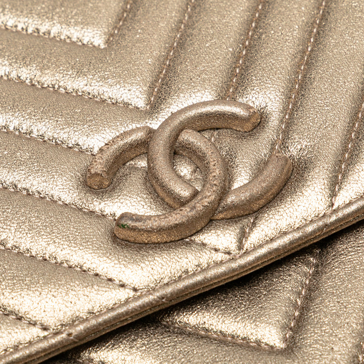 CC Chevron Quilted Lambskin Clutch on Chain Gold - Gaby Paris