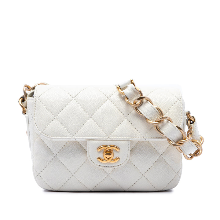 CC Matelassé Messenger à rabat Mini Cuir caviar Blanc