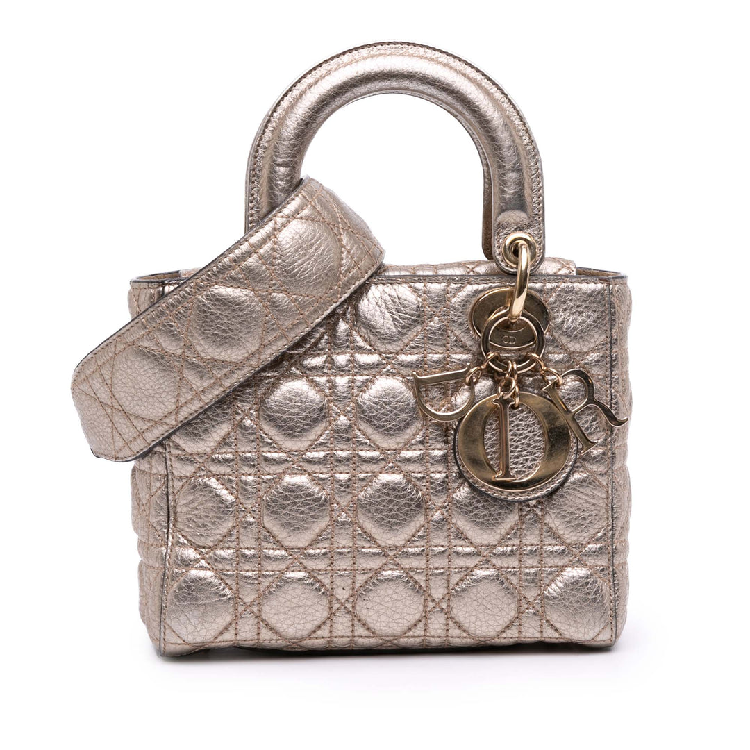 Small Metallic Grained Calfskin Cannage Supple Lady Dior Gold - Gaby Paris