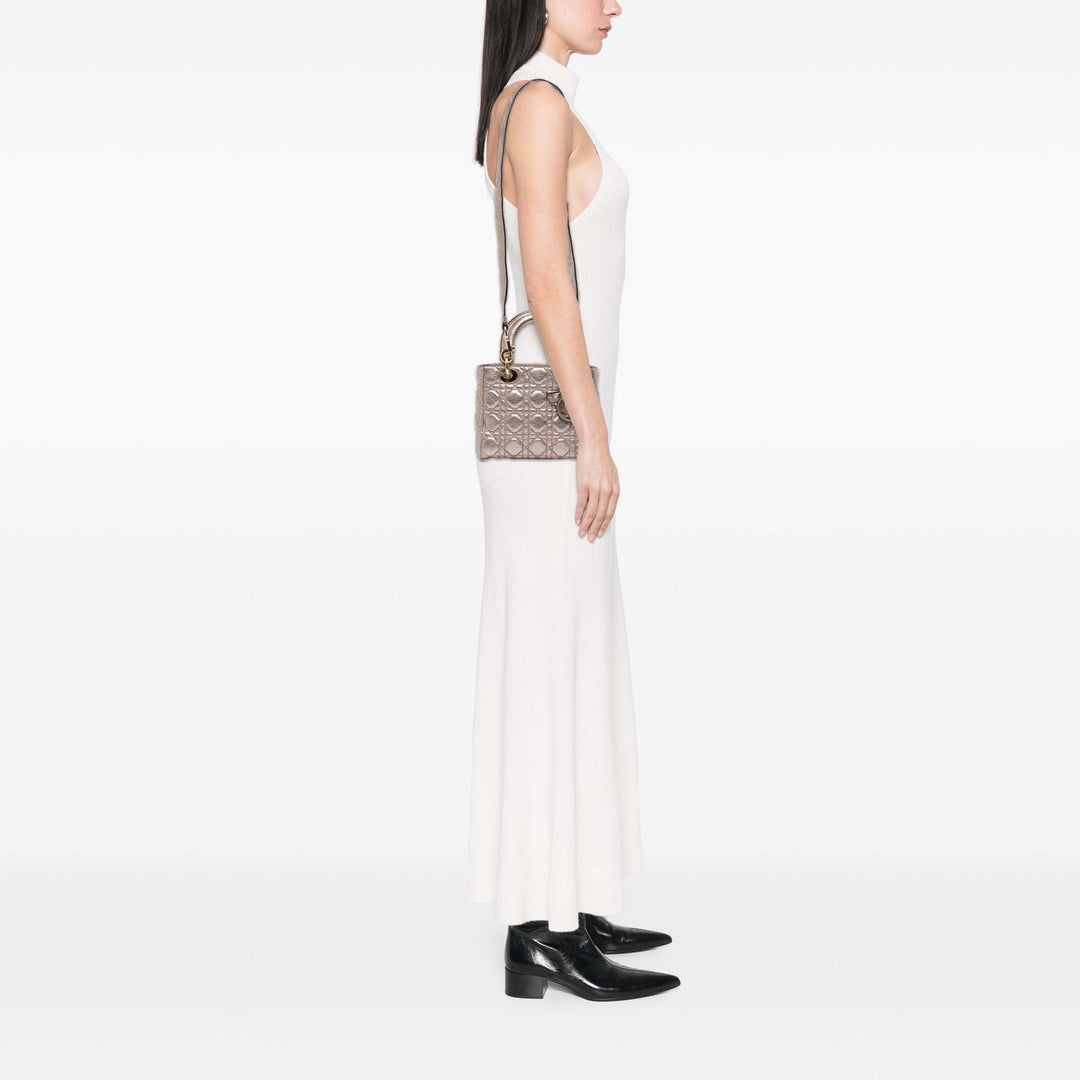 Small Metallic Grained Calfskin Cannage Supple Lady Dior Gold - Gaby Paris