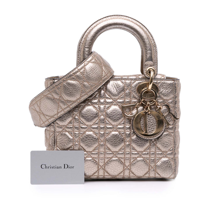Small Metallic Grained Calfskin Cannage Supple Lady Dior Gold - Gaby Paris