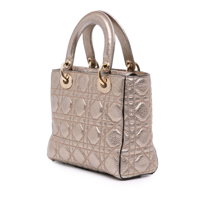 Small Metallic Grained Calfskin Cannage Supple Lady Dior Gold - Gaby Paris