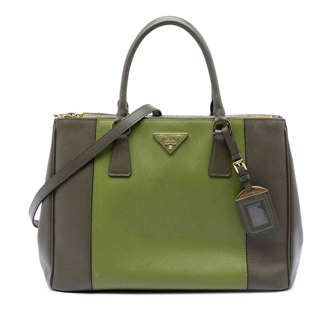 Prada Bicolore Lux Galleria Double Zippé Sac Moyen Cuir Saffiano