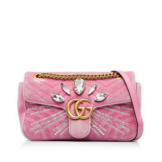 GG Marmont Matelasse Crystal-Embellished Velvet Crossbody Pink - Gaby Paris