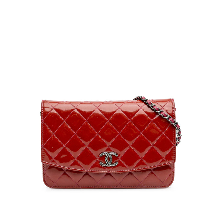 Quilted Patent Brilliant Wallet On Chain Red - Gaby Paris