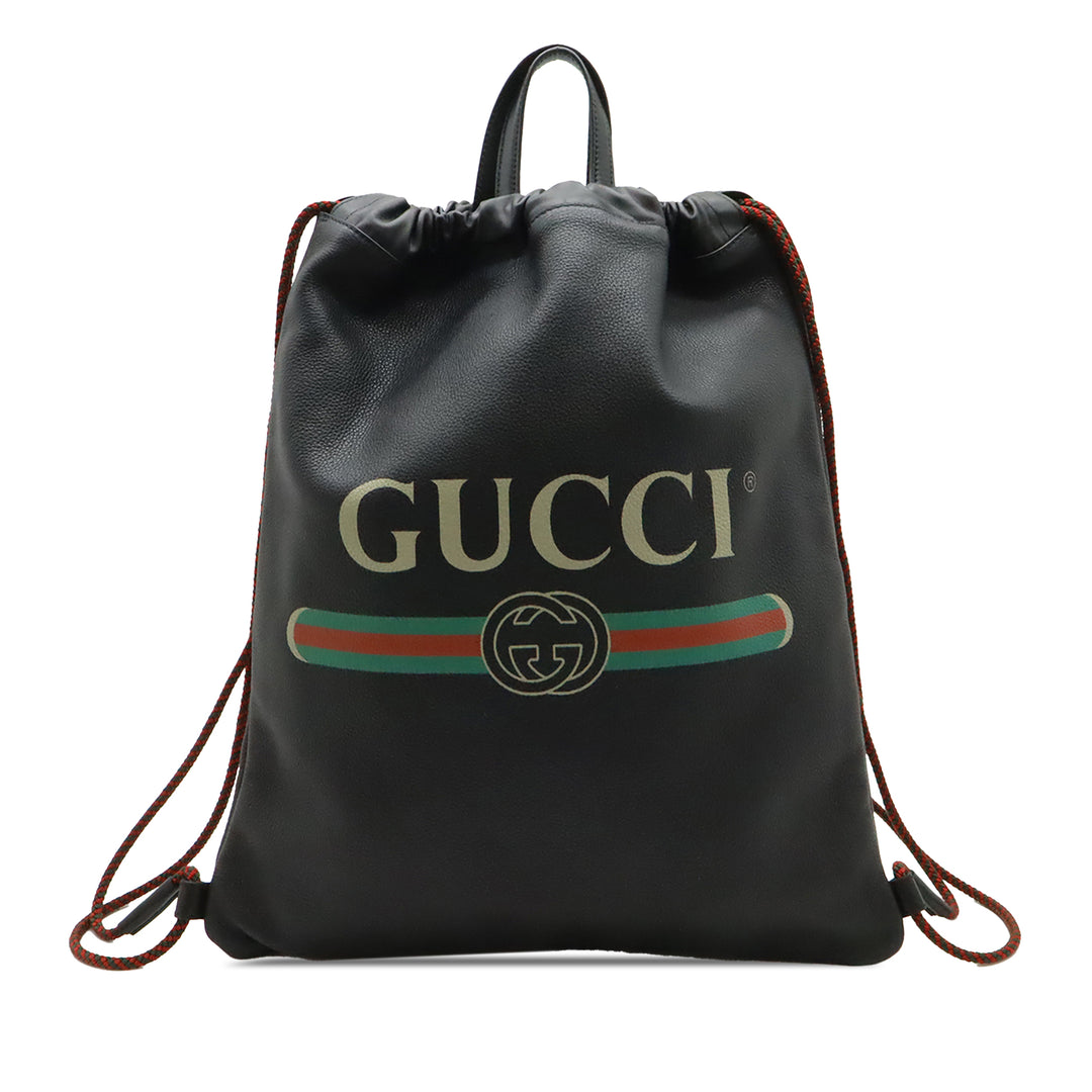 Gucci Cuir de veau grainé Web Logo Drawstring Sac à dos