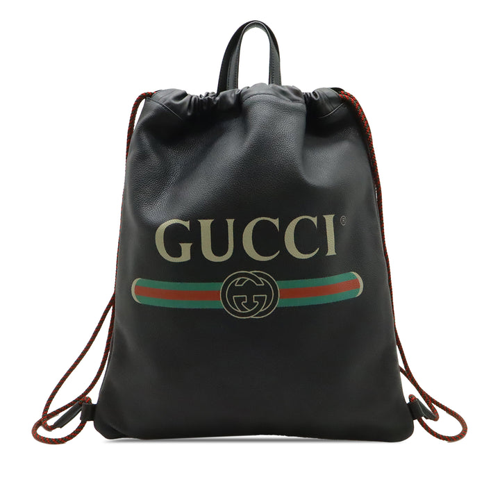 Gucci Cuir de veau grainé Web Logo Drawstring Sac à dos